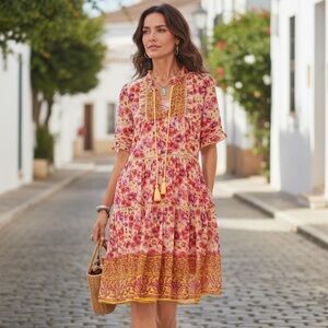 SUNDANCE Floral Boho Patchwork Pink & Yellow SMALL Dress Pockets Built-In-Shift